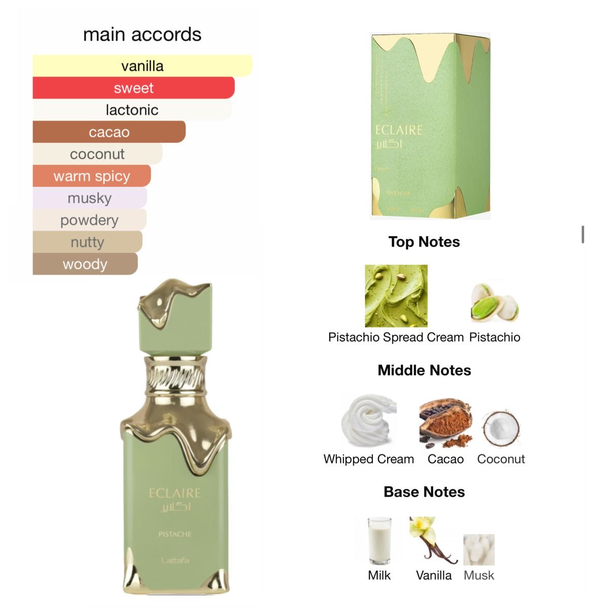Perfume Eclaire Pistache EDP da Lattafa 3.4oz / 100ml